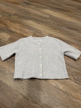 aerie Heather Light Gray Ribbed Button-Up Cardigan